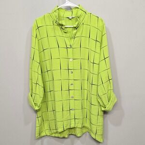 John Mark Shirt Top Large Lime Green Checked Relaxed Oversized Colorful Roll Tab